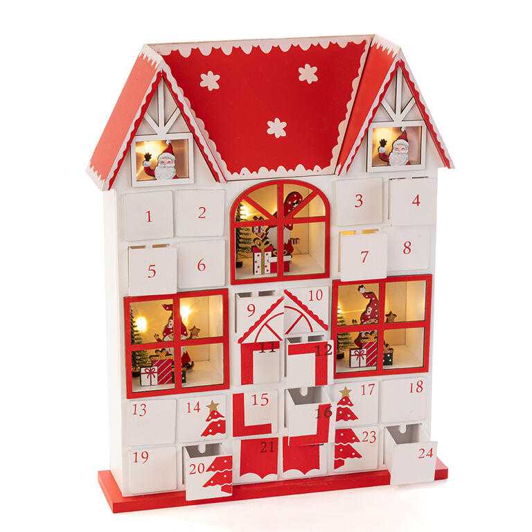 Drevený LED adventný kalendár so zásuvkami DOMČEK červený - galéria #1