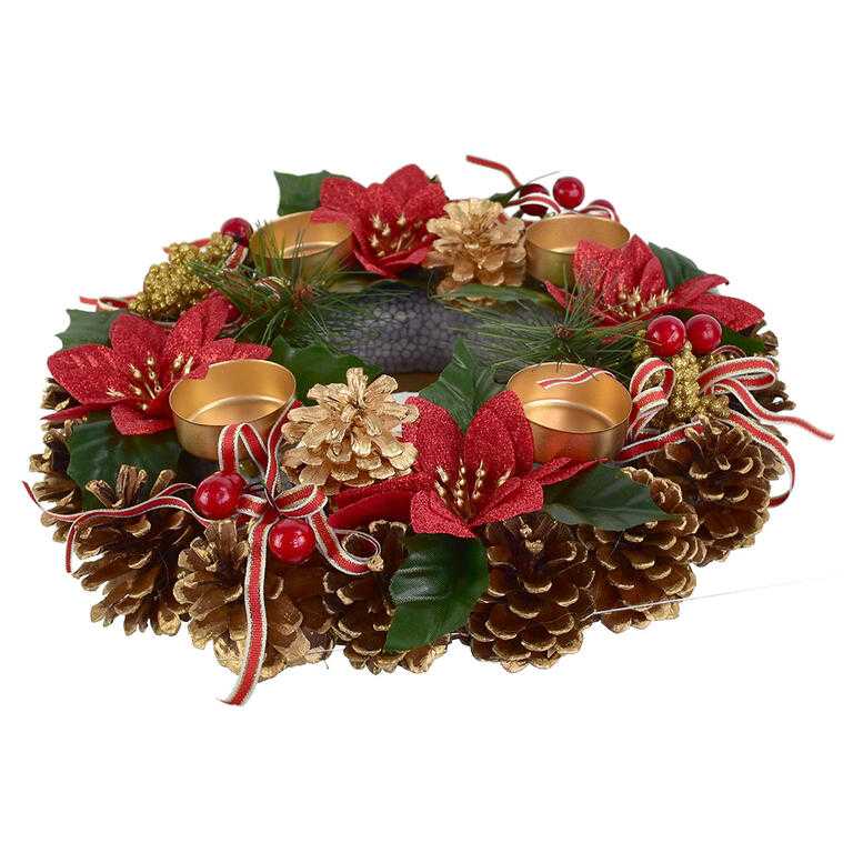 Adventný šiškový veniec POINSETTIA s mašľou 30 cm - galéria #2
