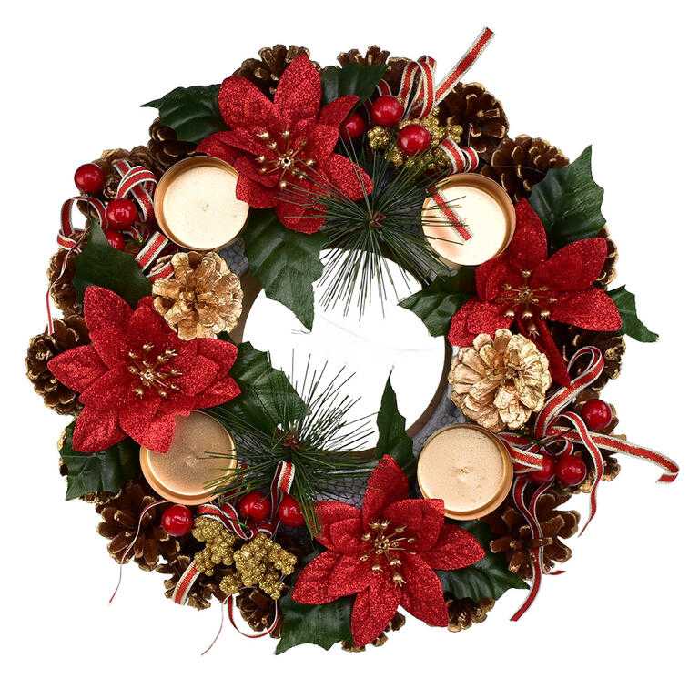Adventný šiškový veniec POINSETTIA s mašľou 30 cm - galéria #1